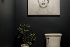 Artistic powder room with dark walls and a striking black and white portrait above the toilet.