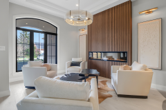 Modern Sitting Area with Wood Slat Fireplace Wall | The Quiet Modern
